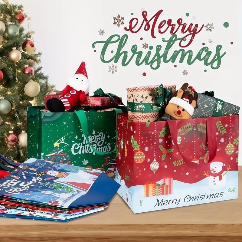 16PCS Christmas Gift Bags With Assorted Patterns. Reusable Non - Woven
