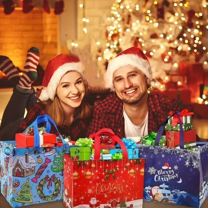 16PCS Christmas Gift Bags With Assorted Patterns. Reusable Non - Woven