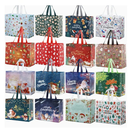 16PCS Christmas Gift Bags With Assorted Patterns. Reusable Non - Woven