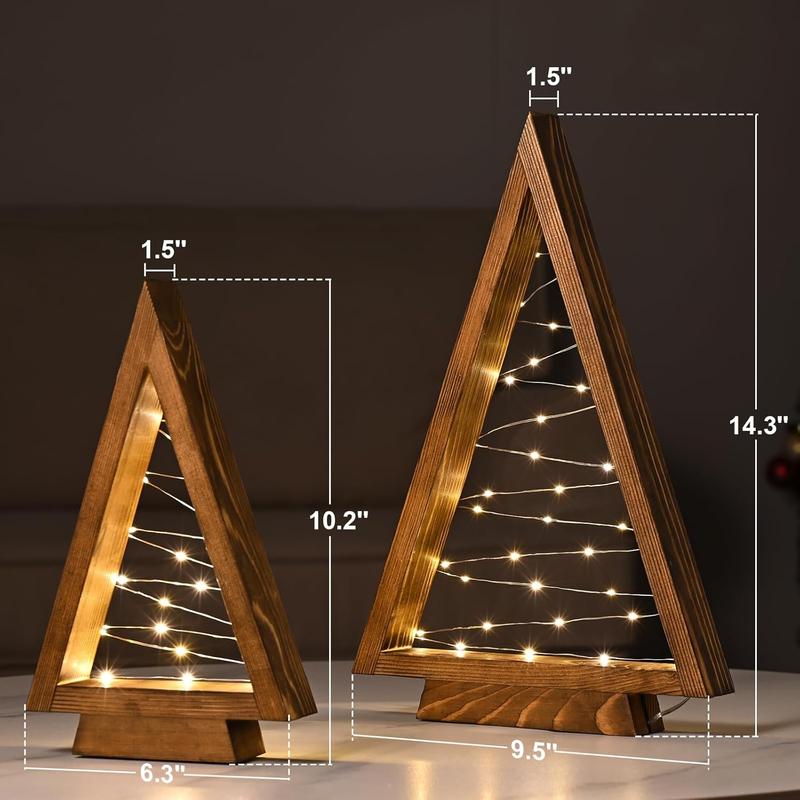 Modern Farmhouse Wooden Christmas Tree Set of 2 with Lights for Tabletop Mantel & Shelf Bedroom Decor Perfect Gift