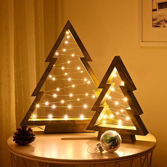 Modern Farmhouse Wooden Christmas Tree Set of 2 with Lights for Tabletop Mantel & Shelf Bedroom Decor Perfect Gift