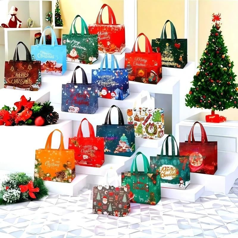 16PCS Christmas Gift Bags With Assorted Patterns. Reusable Non - Woven